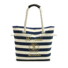 Custom Leisure Striped Canvas Beach Bag with Cotton Rope